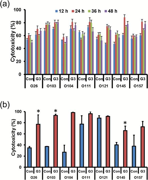 Chlorine stress induces Vero-cytotoxicity of non-O157 Shiga toxin-producing Escherichia coli (STEC). Vero-cytotoxicity was assessed using lactase dehydrogenase assay of Vero cells treated with supernatants of STEC cells. (A) Supernatants were collected every 12 h from STEC for 48 h. (B) Supernatants were collected after 24 h of growth. Vero-cytotoxicity was determined and normalized by each cell density population. The results are the average of three independent experiments. *P < 0.05.